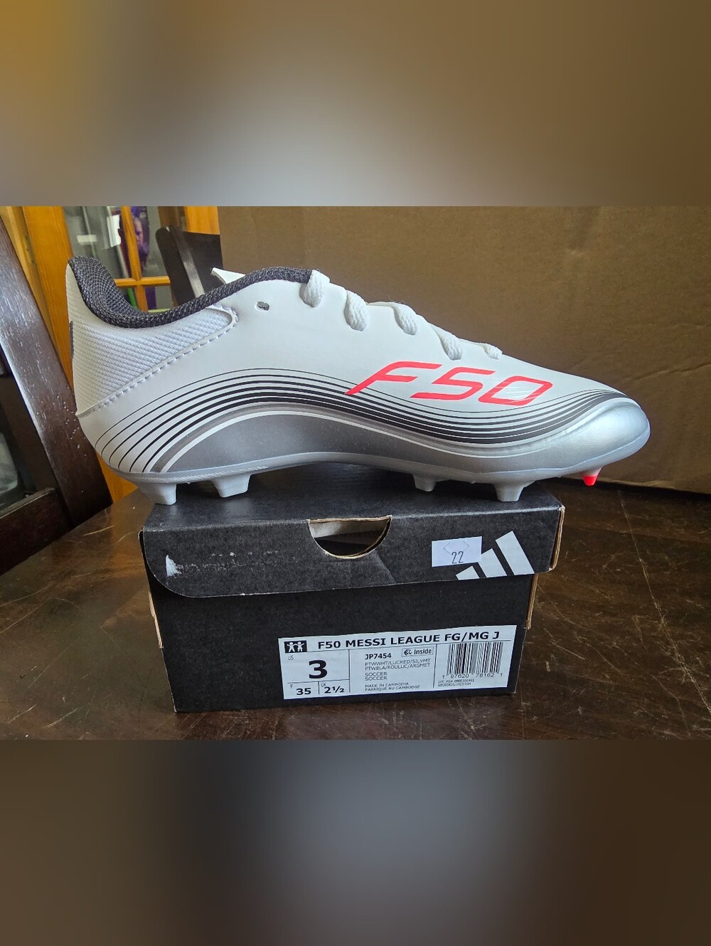 adidas Juniors F50 Soccer Cleats in White, Gray, Red